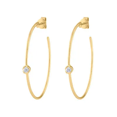 14KT GOLD SINGLE BEZEL SET DIAMOND MEDIUM HOOP EARRING