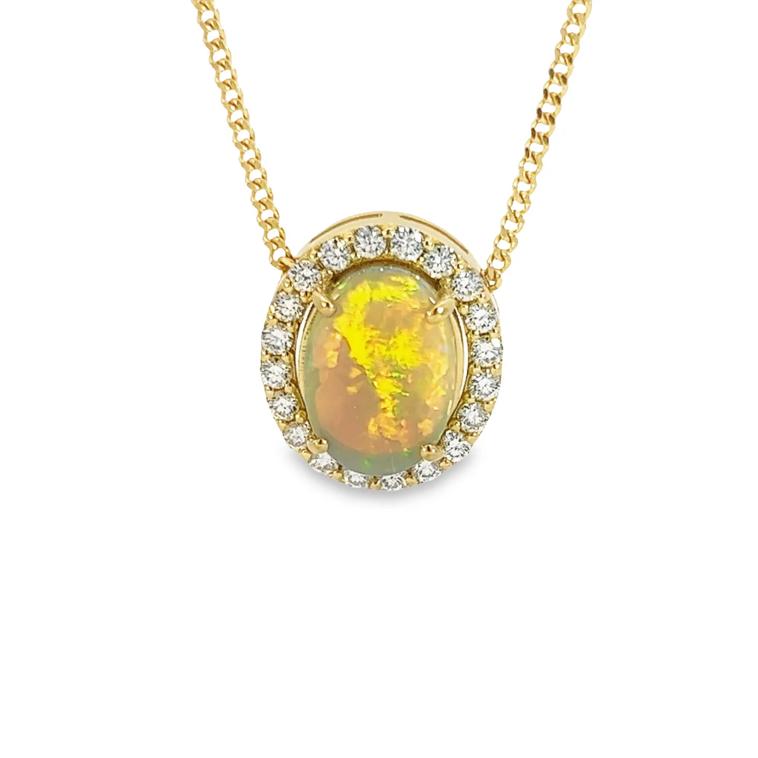 18kt Yellow Gold halo slider pendant with 2ct Opal and diamonds 0.43ct