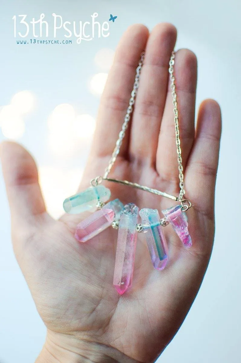 5 raw quartz crystal point necklace