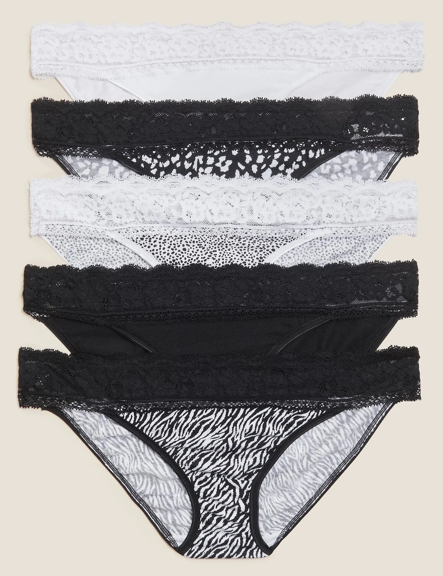 5pk Cotton & Lace Bikini Knickers