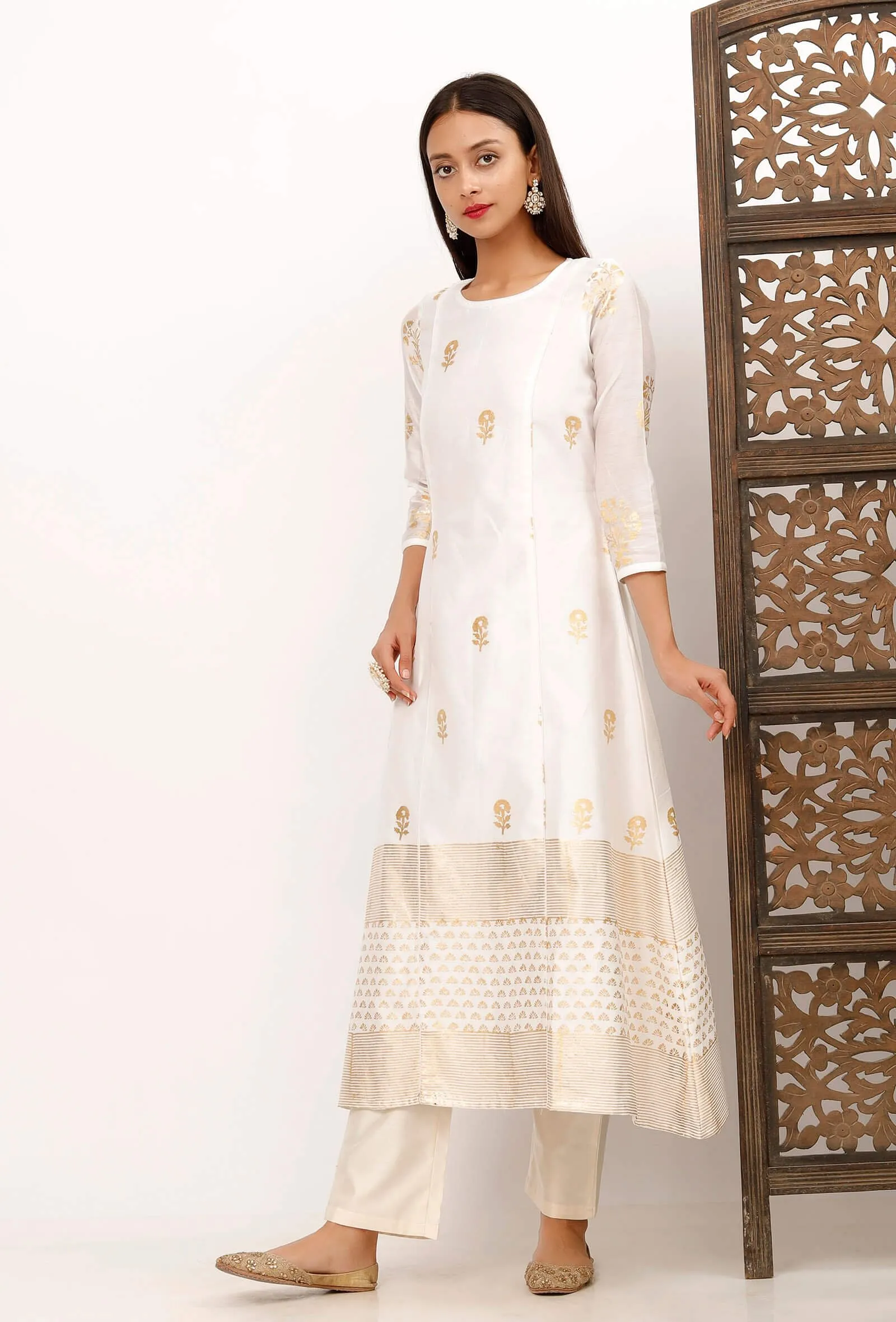 A line White Banarsi Chanderi Gold Foil Printed Kurta