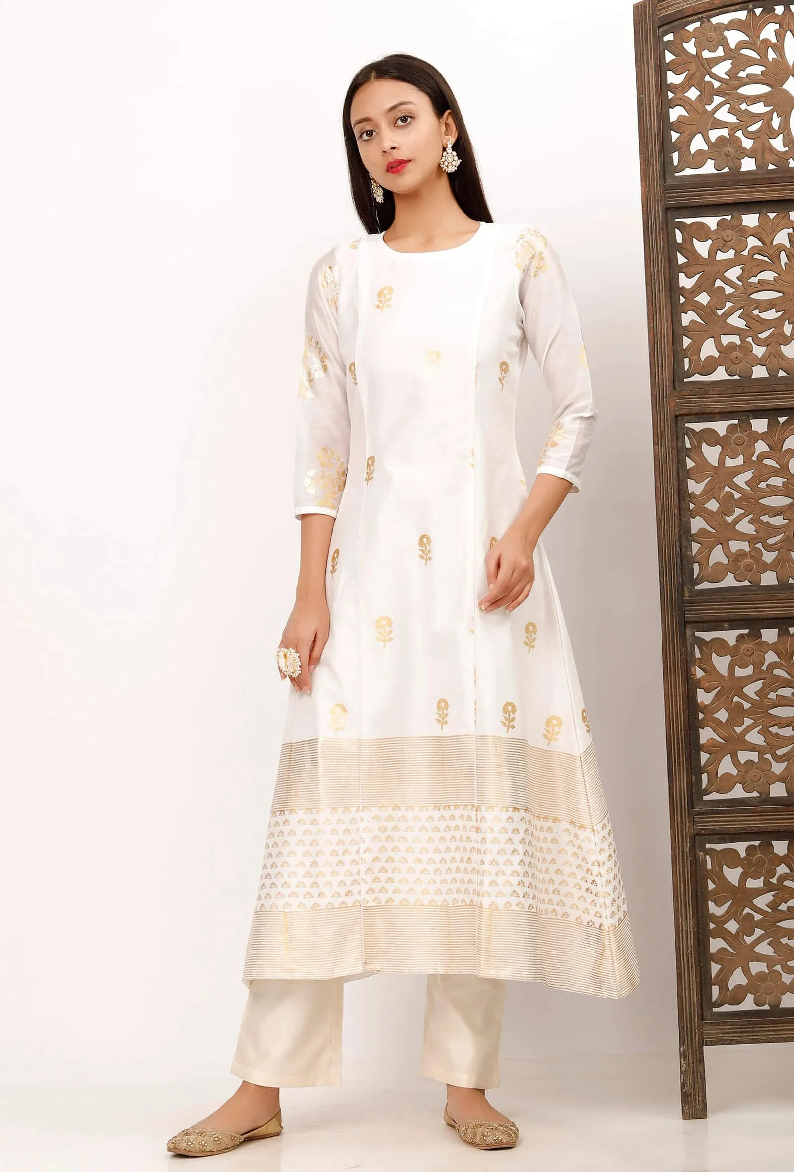 A line White Banarsi Chanderi Gold Foil Printed Kurta