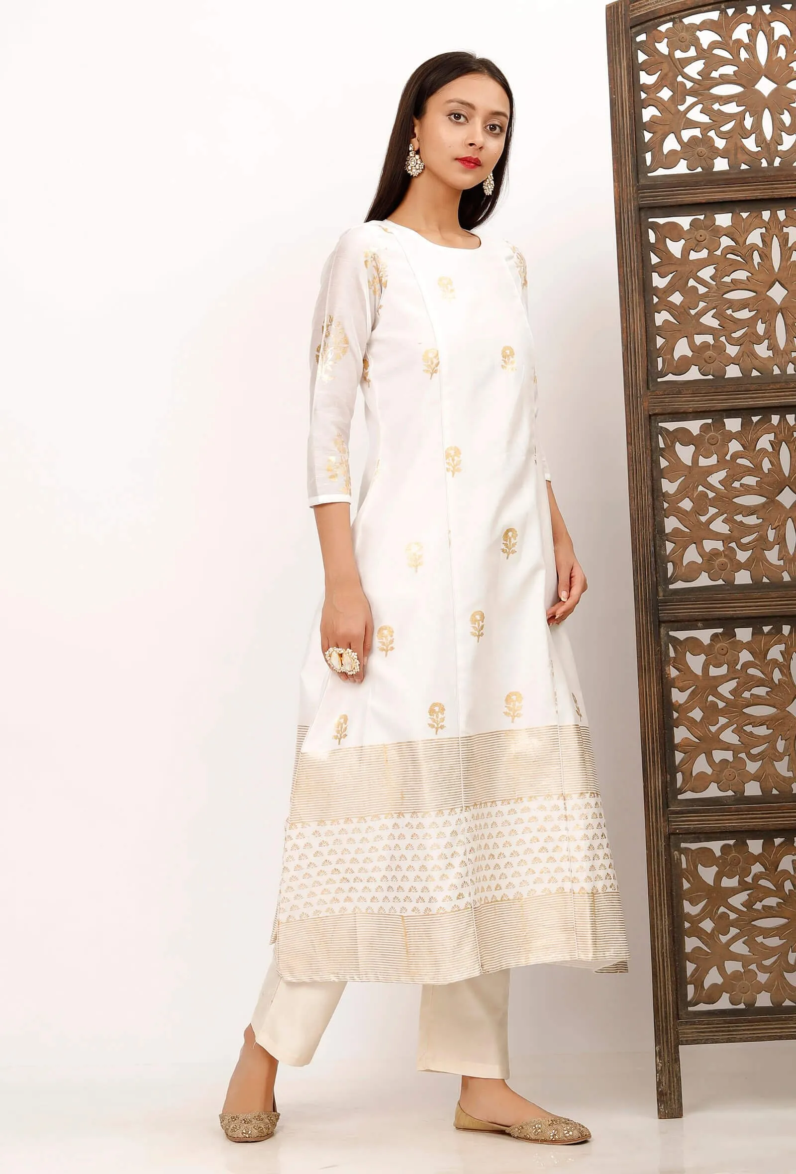 A line White Banarsi Chanderi Gold Foil Printed Kurta