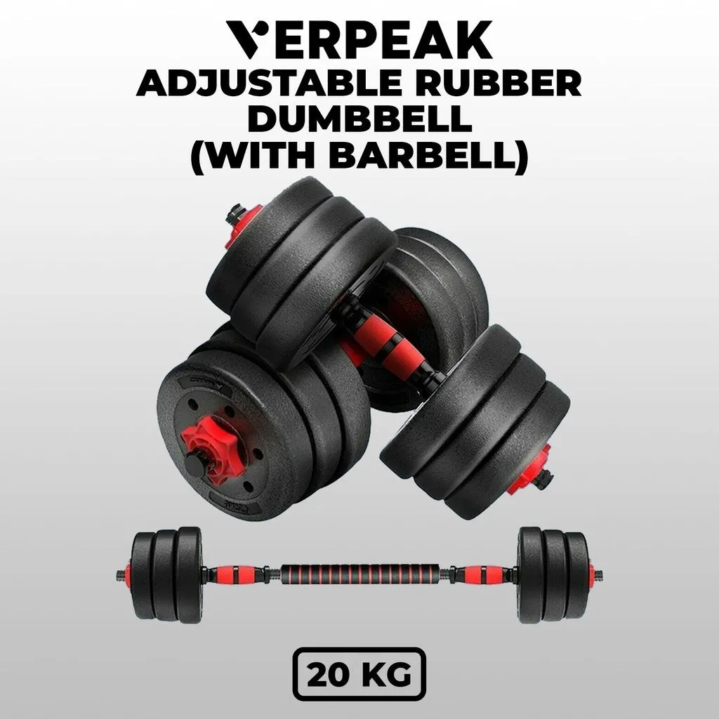 Adjustable 20KG Rubber Dumbbells with Barbell, Non-Slip Grip