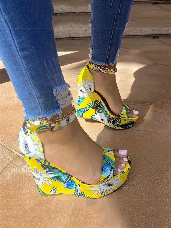 Amozae-Printed Tropical Style Platform Sandals