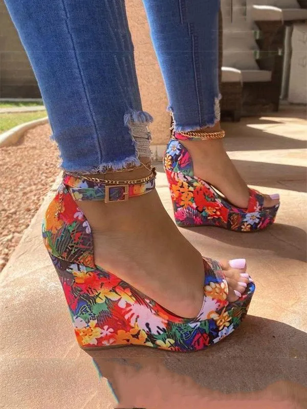 Amozae-Printed Tropical Style Platform Sandals