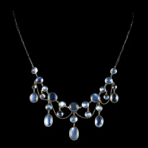 Antique Victorian Moonstone Garland Necklace 9Ct Circa 1890