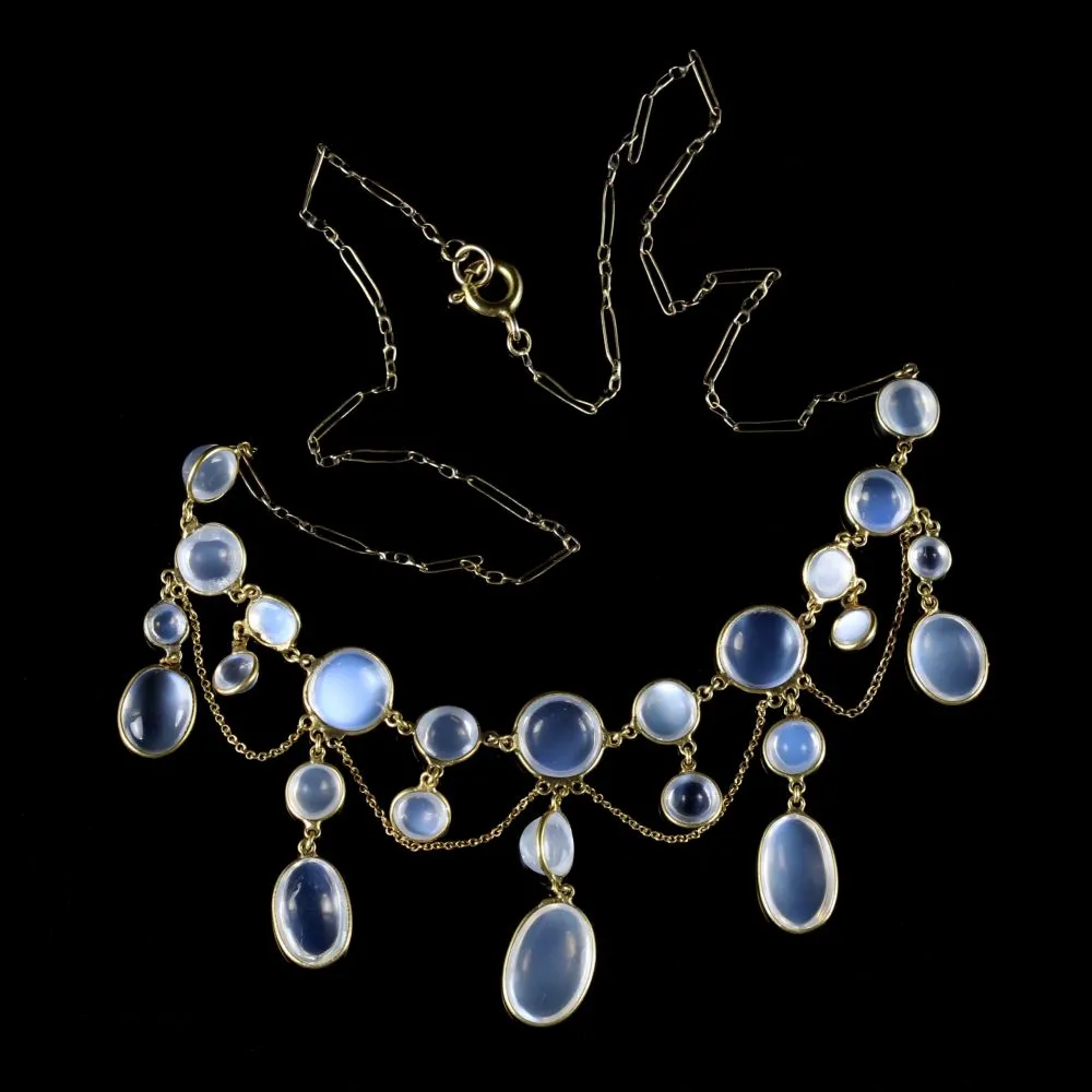 Antique Victorian Moonstone Garland Necklace 9Ct Circa 1890