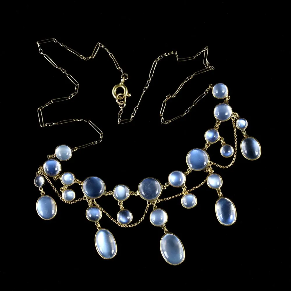 Antique Victorian Moonstone Garland Necklace 9Ct Circa 1890