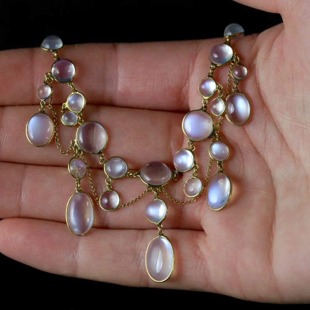 Antique Victorian Moonstone Garland Necklace 9Ct Circa 1890