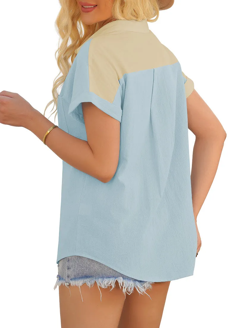 Beige Short Sleeves Colorblock Button-Up Top