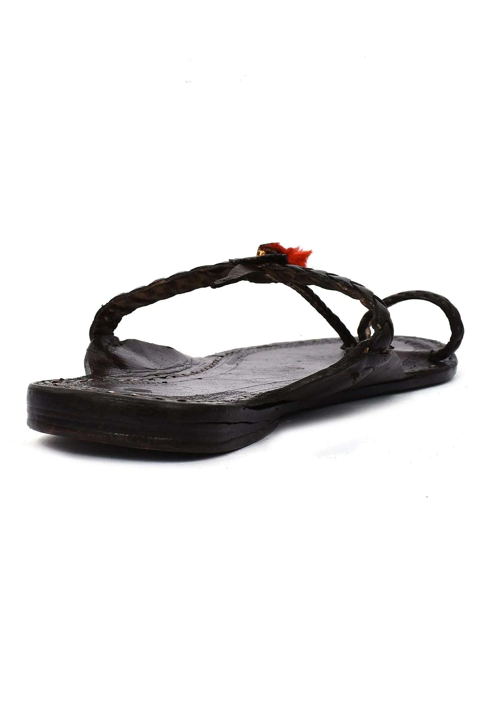 Black Pure Leather Kolhapuri Flats With Red Gonda