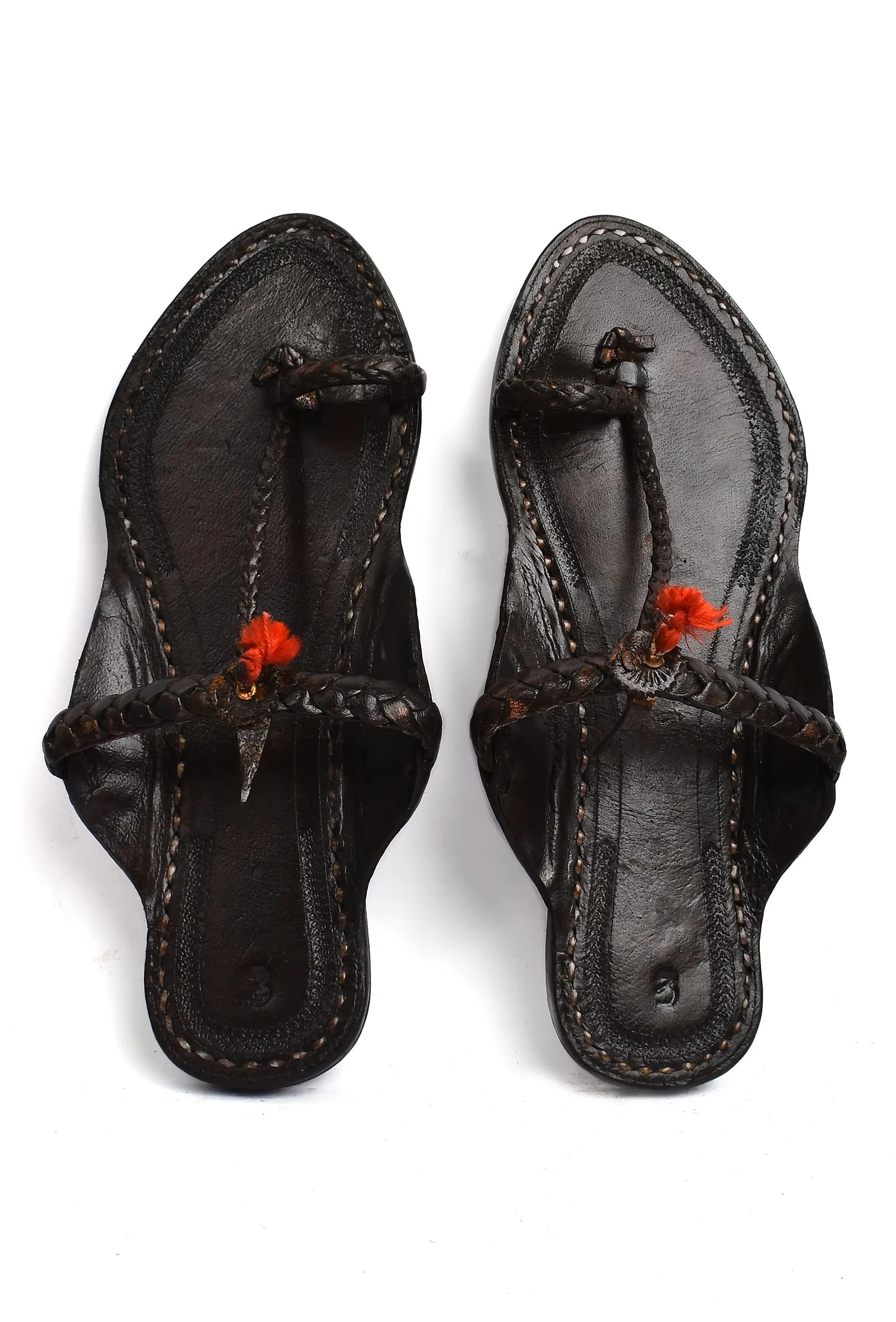 Black Pure Leather Kolhapuri Flats With Red Gonda