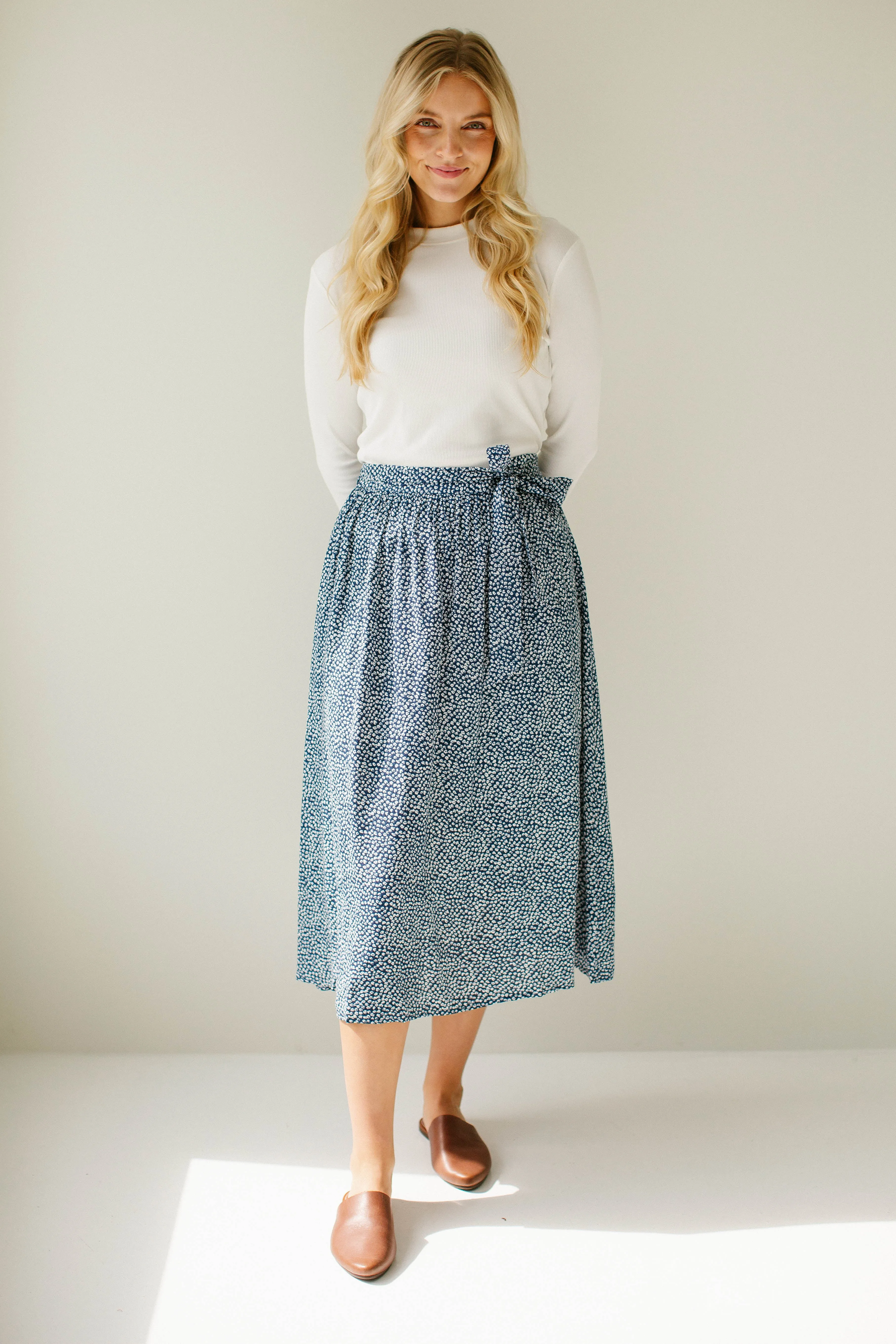 'Bonita' Floral Tie Waist Midi Skirt in Navy FINAL SALE