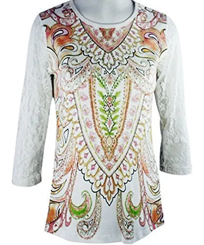 Cactus Fashion - Peach Paisley, 3/4 Sleeve, Printed Cotton Rhinestone Top