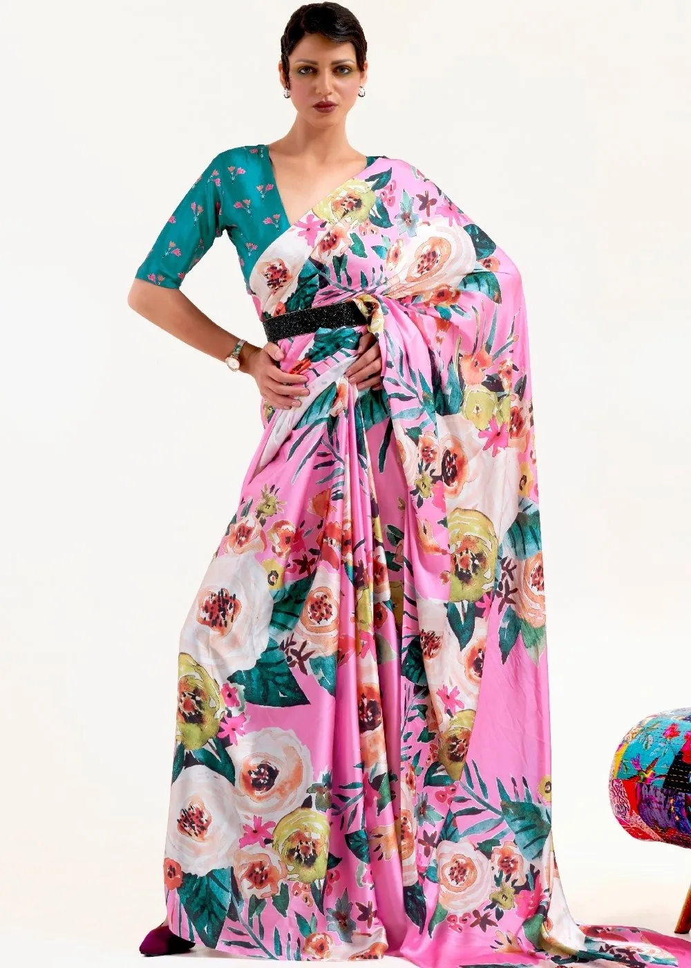 Creamy Pink Digital Printed Satin Crepe Saree