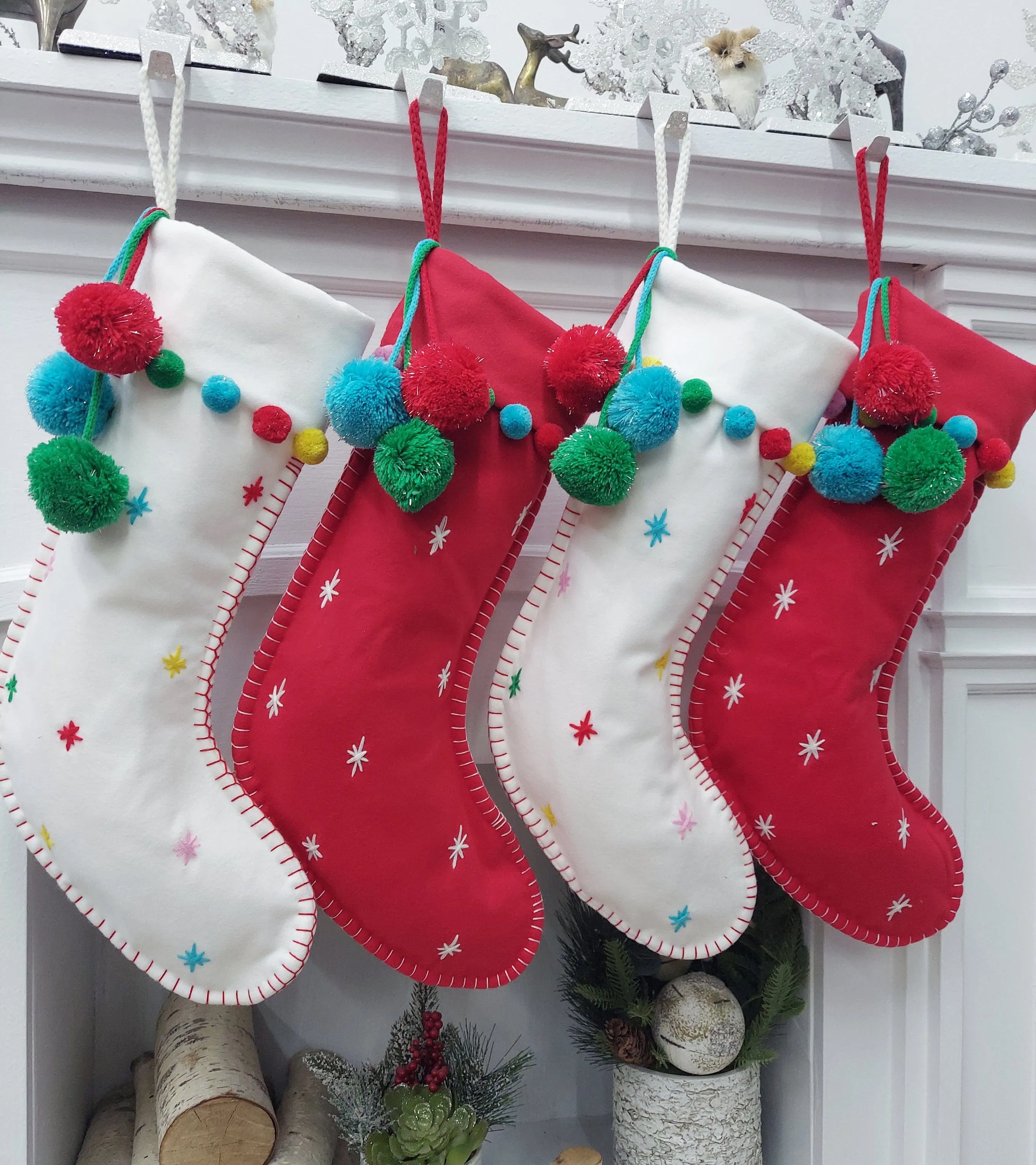 Cute Boho Pom Pom Christmas Stockings Modern in Red White with Fun Dots Confetti Personalized with Name for Her, Girls or Family Holidays