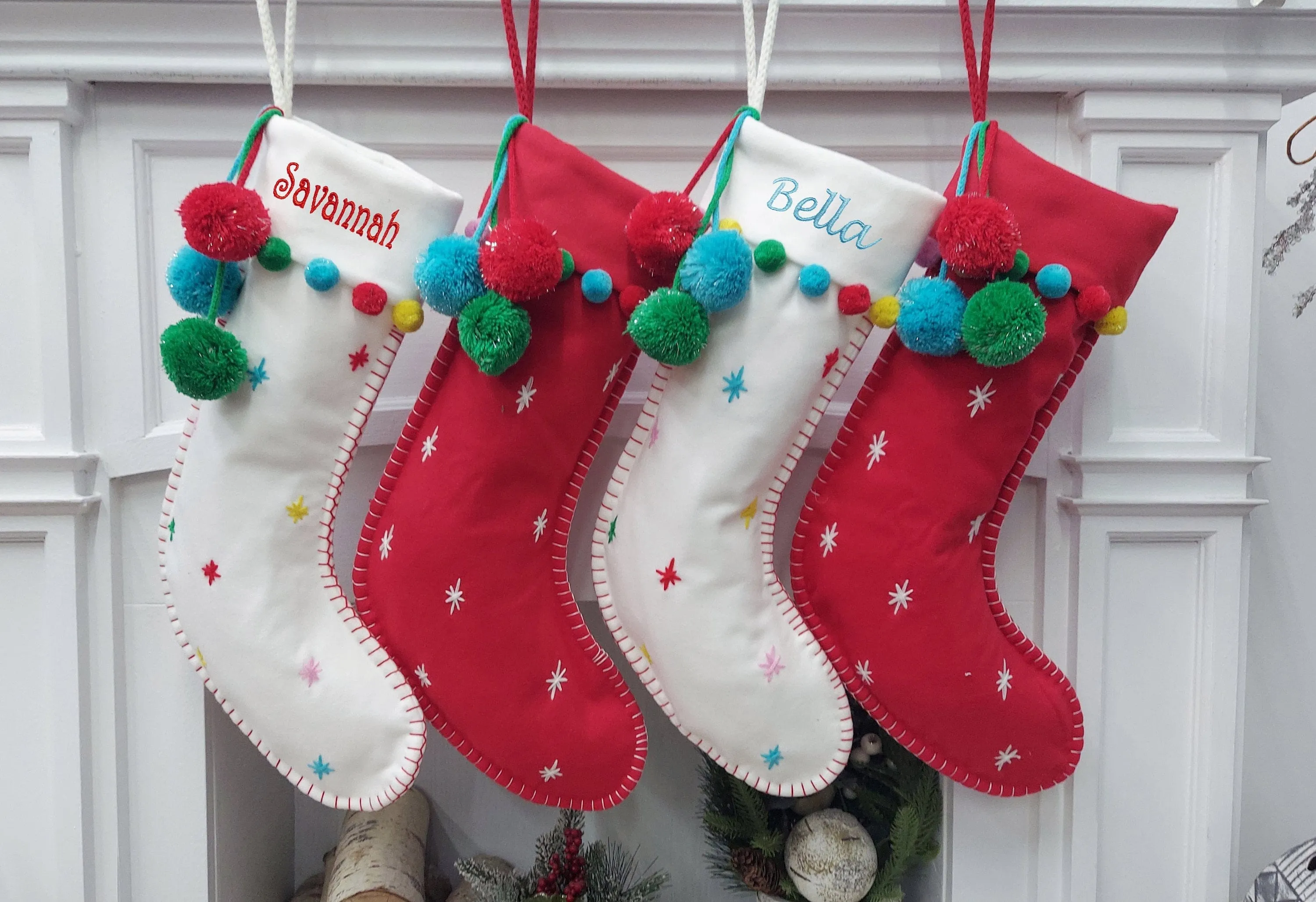 Cute Boho Pom Pom Christmas Stockings Modern in Red White with Fun Dots Confetti Personalized with Name for Her, Girls or Family Holidays