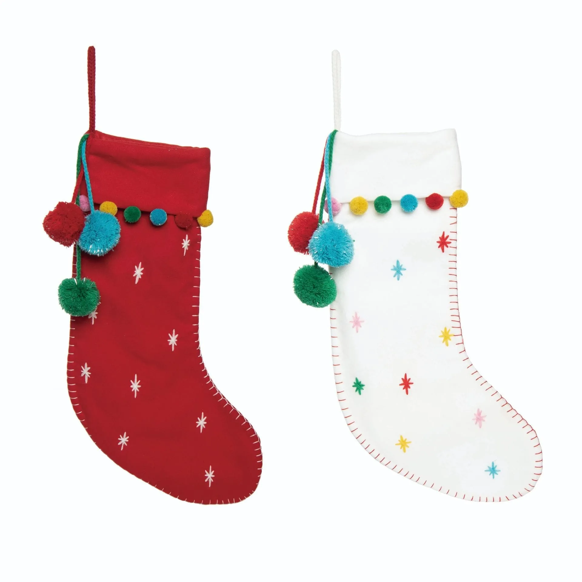 Cute Boho Pom Pom Christmas Stockings Modern in Red White with Fun Dots Confetti Personalized with Name for Her, Girls or Family Holidays