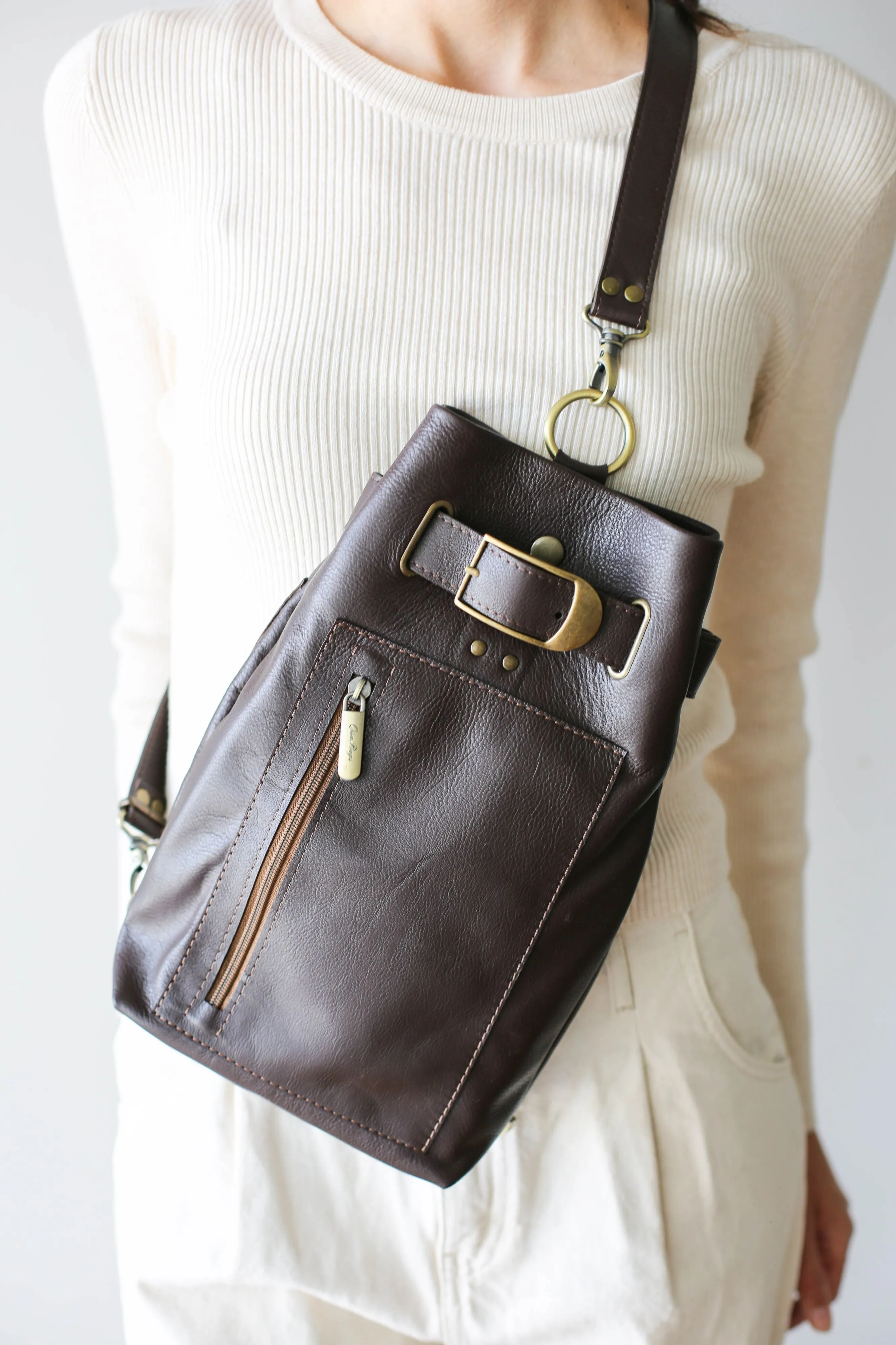 Dark Brown Leather Sling Backpack