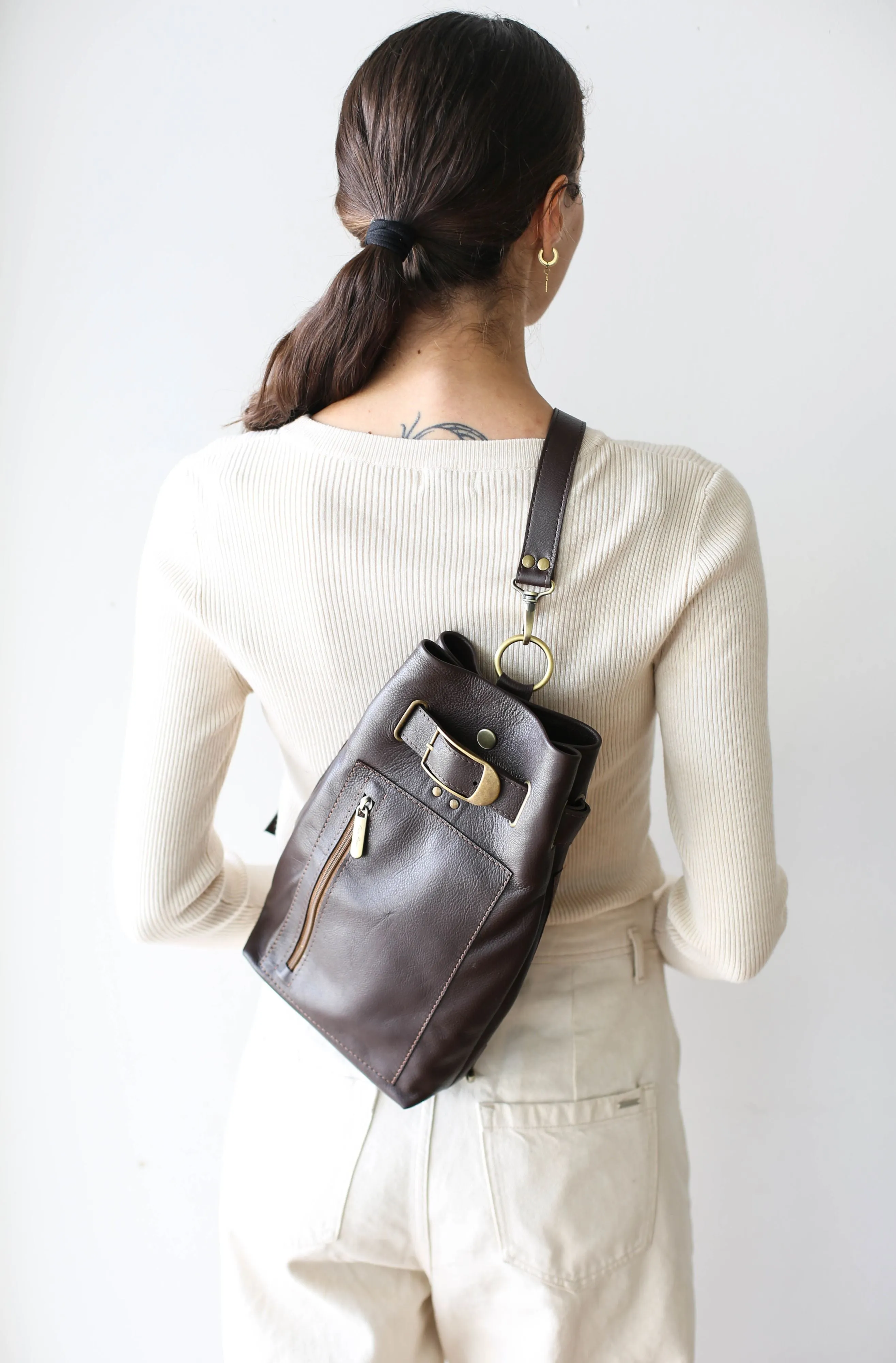 Dark Brown Leather Sling Backpack