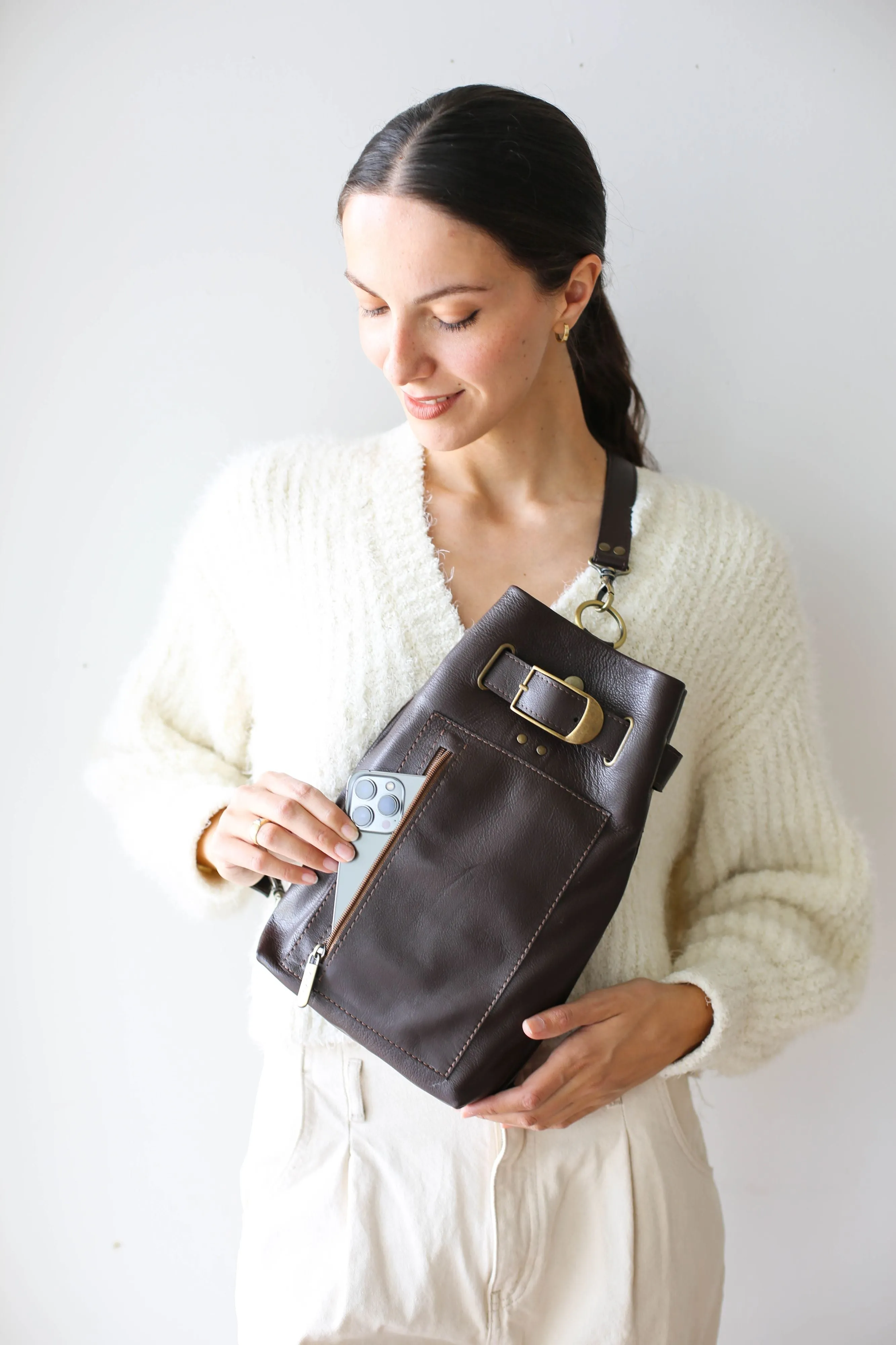 Dark Brown Leather Sling Backpack