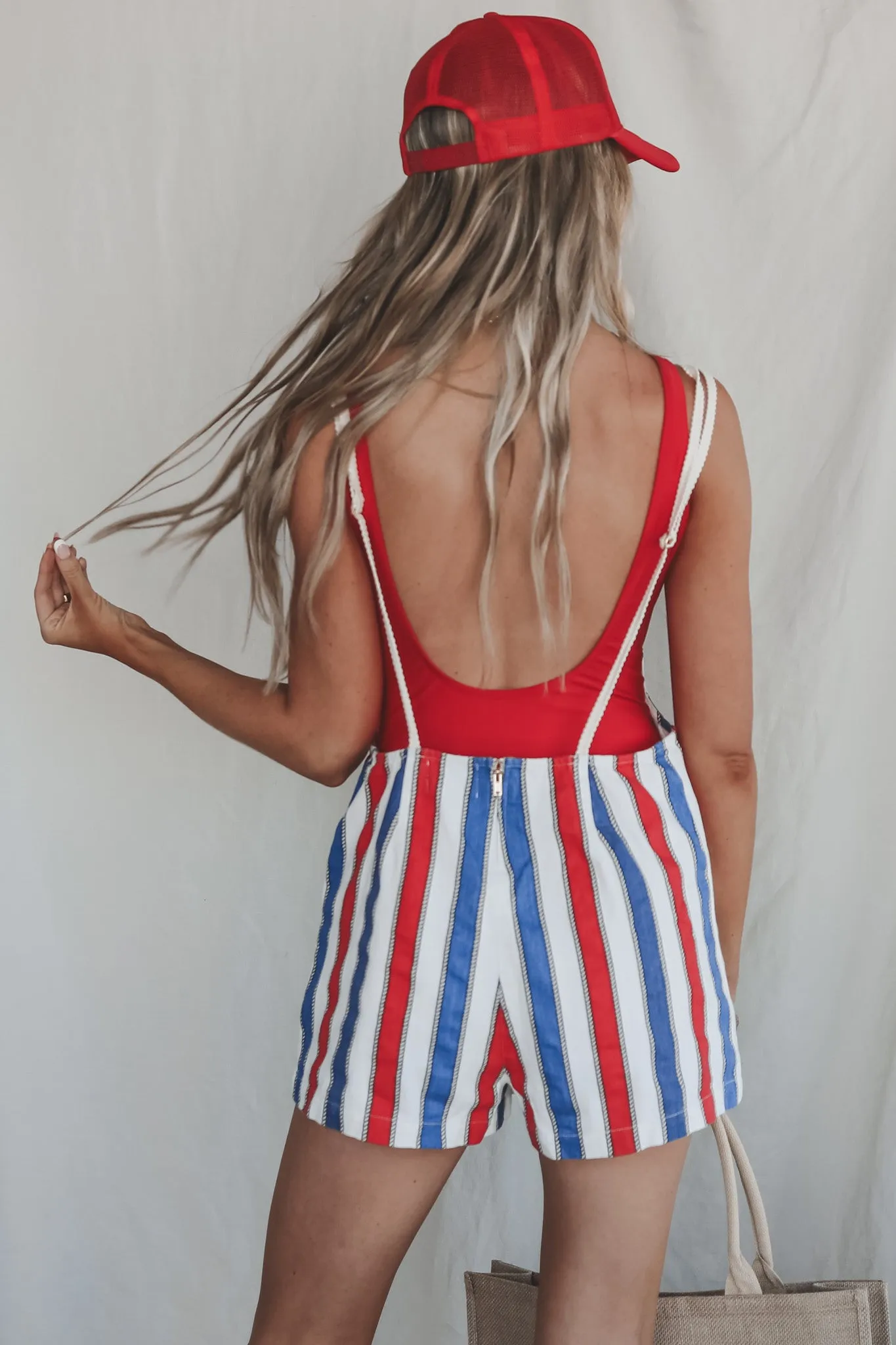 DEAL SHOW ME YOUR MUMU Trude Red White And Blue Striped Denim Romper