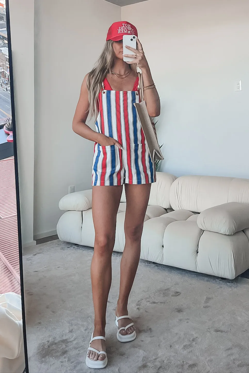 DEAL SHOW ME YOUR MUMU Trude Red White And Blue Striped Denim Romper