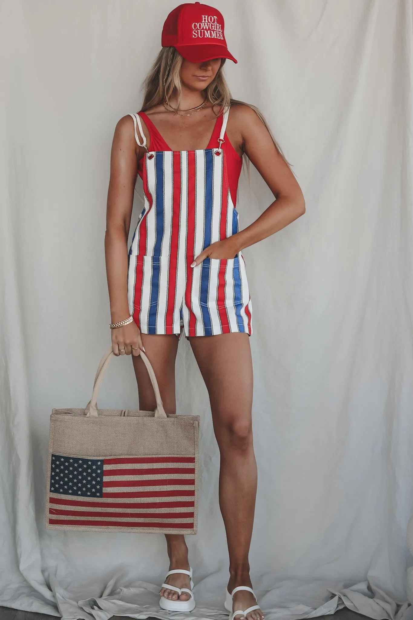 DEAL SHOW ME YOUR MUMU Trude Red White And Blue Striped Denim Romper