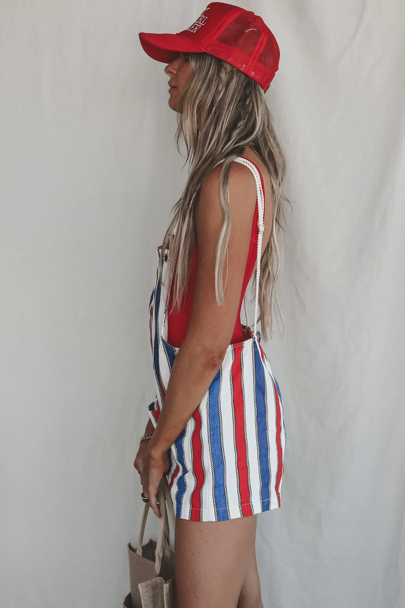 DEAL SHOW ME YOUR MUMU Trude Red White And Blue Striped Denim Romper