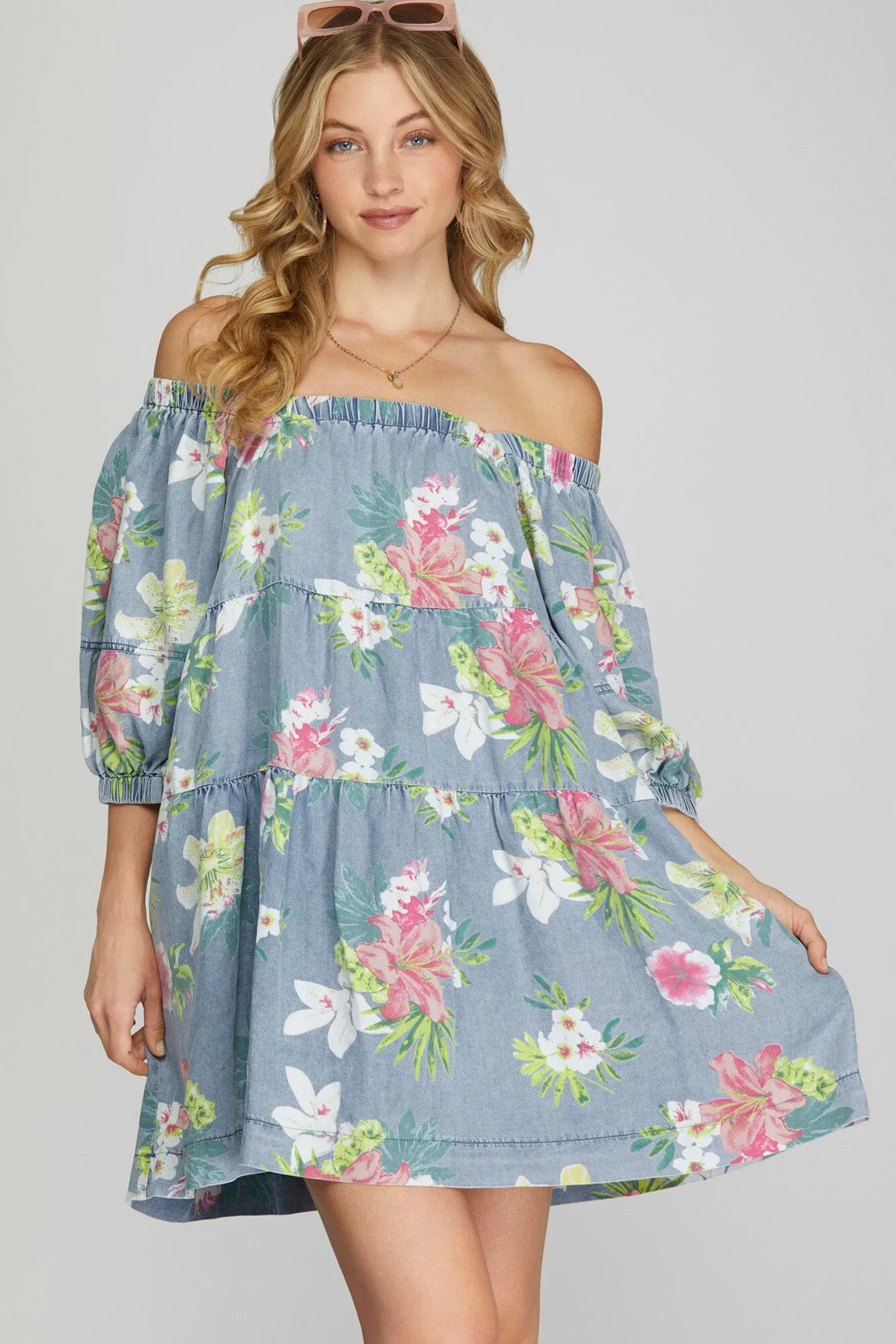 DENIM CHAMBRAY FLORAL ELASTIC NECK DRESS