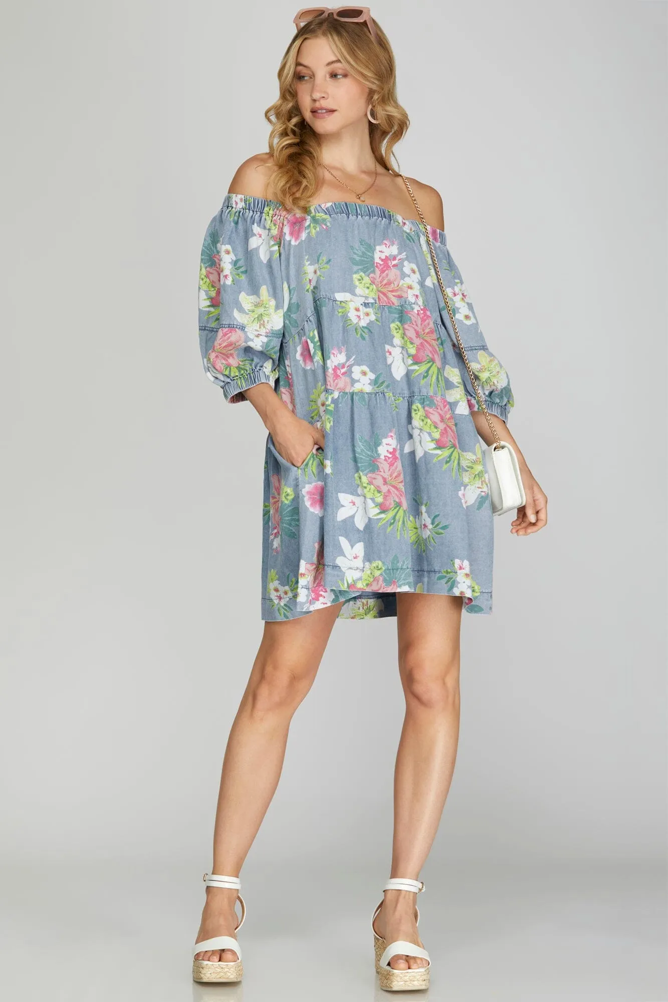 DENIM CHAMBRAY FLORAL ELASTIC NECK DRESS