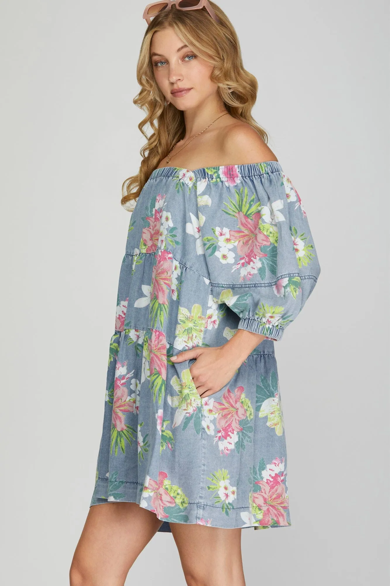 DENIM CHAMBRAY FLORAL ELASTIC NECK DRESS