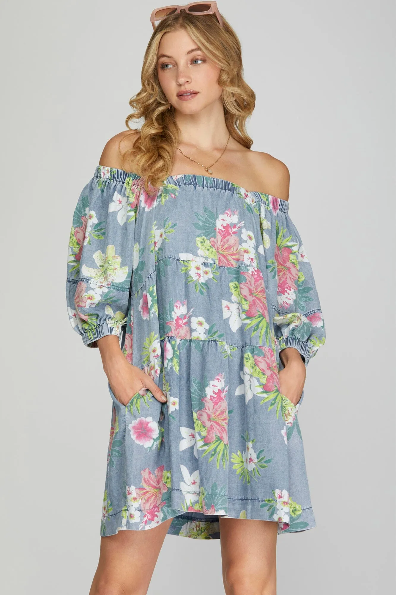 DENIM CHAMBRAY FLORAL ELASTIC NECK DRESS