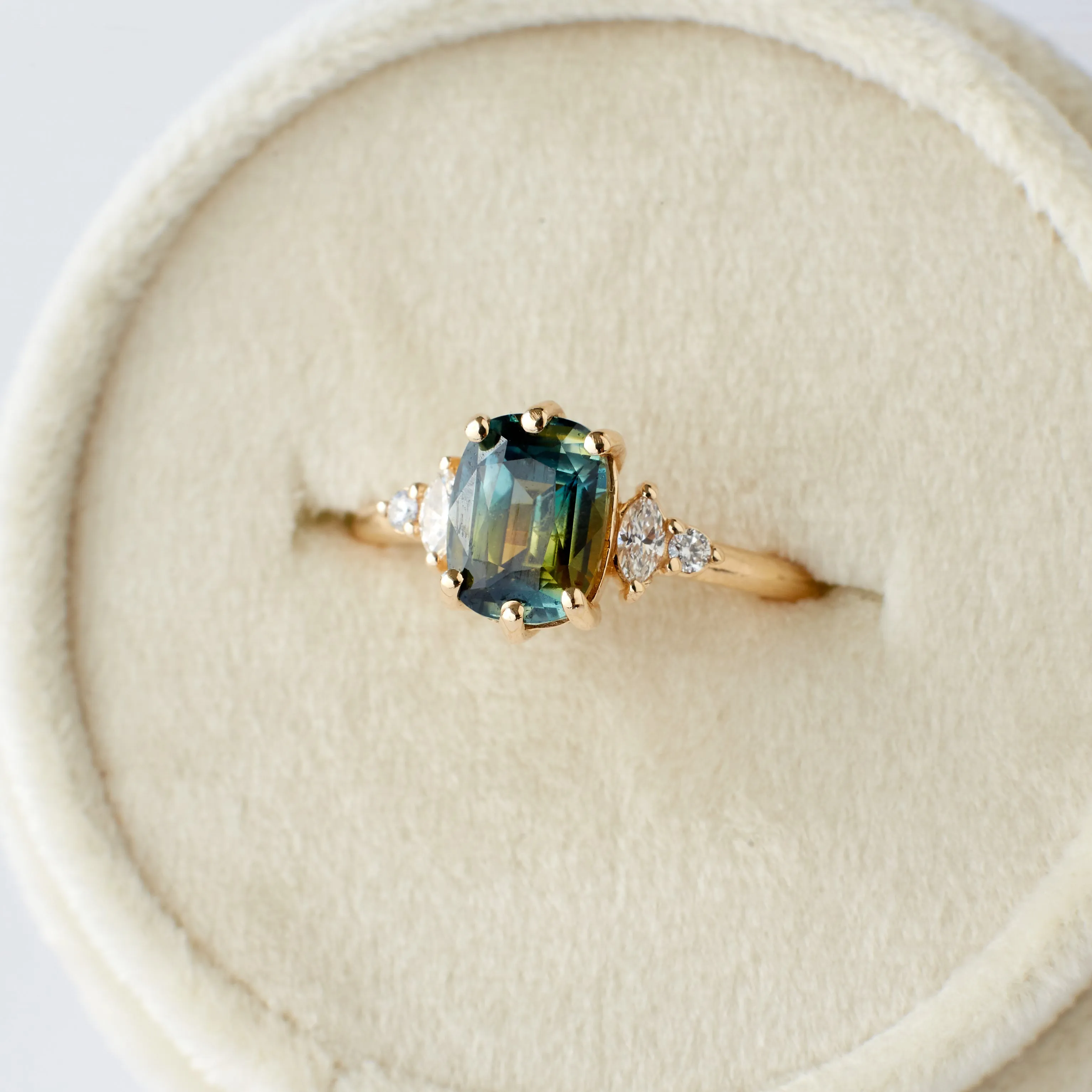 Desi Ring - 2.08 Carat Blue Green Cushion Sapphire