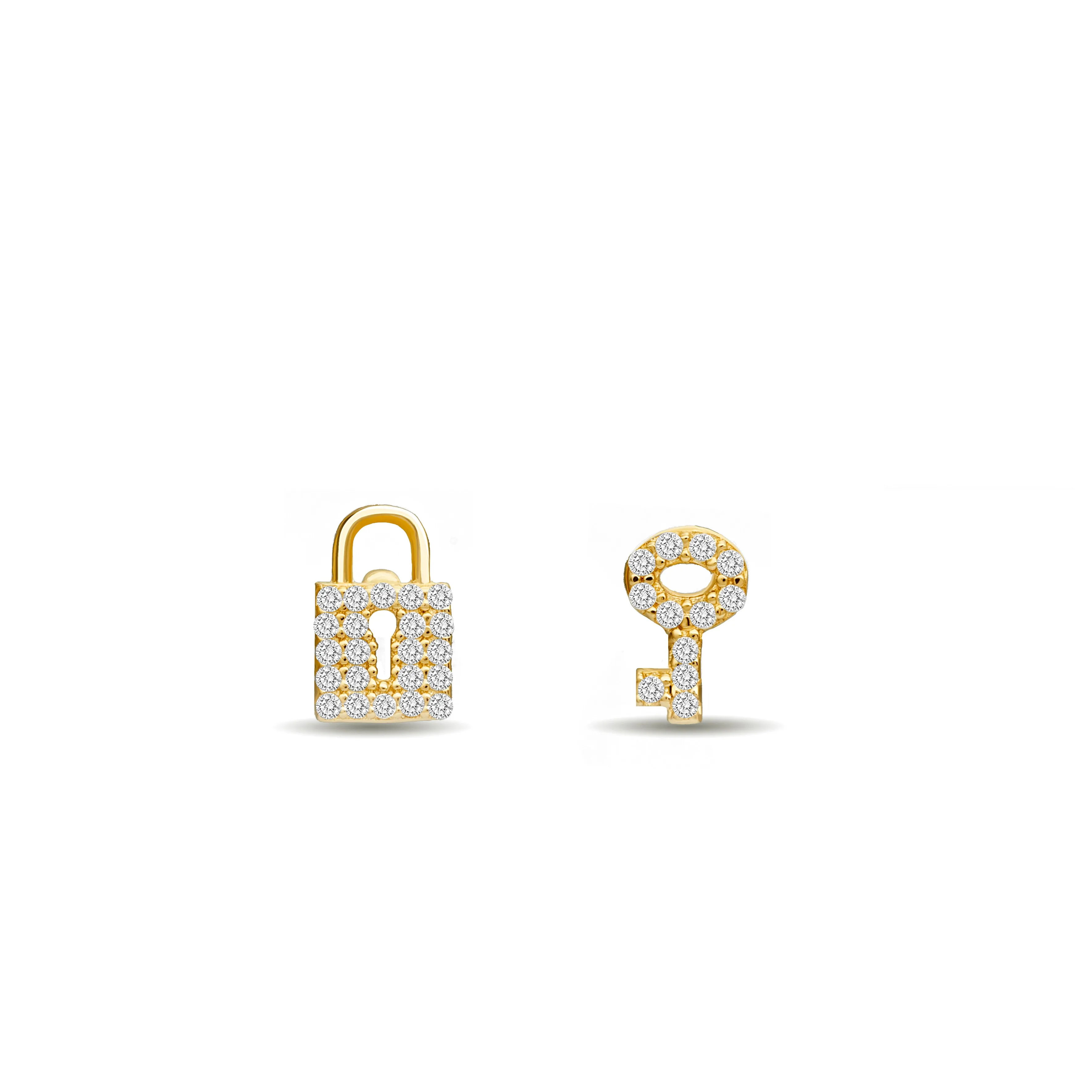 Diamond Pave Lock & Key Stud Earring - 14 karat gold diamond earring studs, diamonds 0.17ct