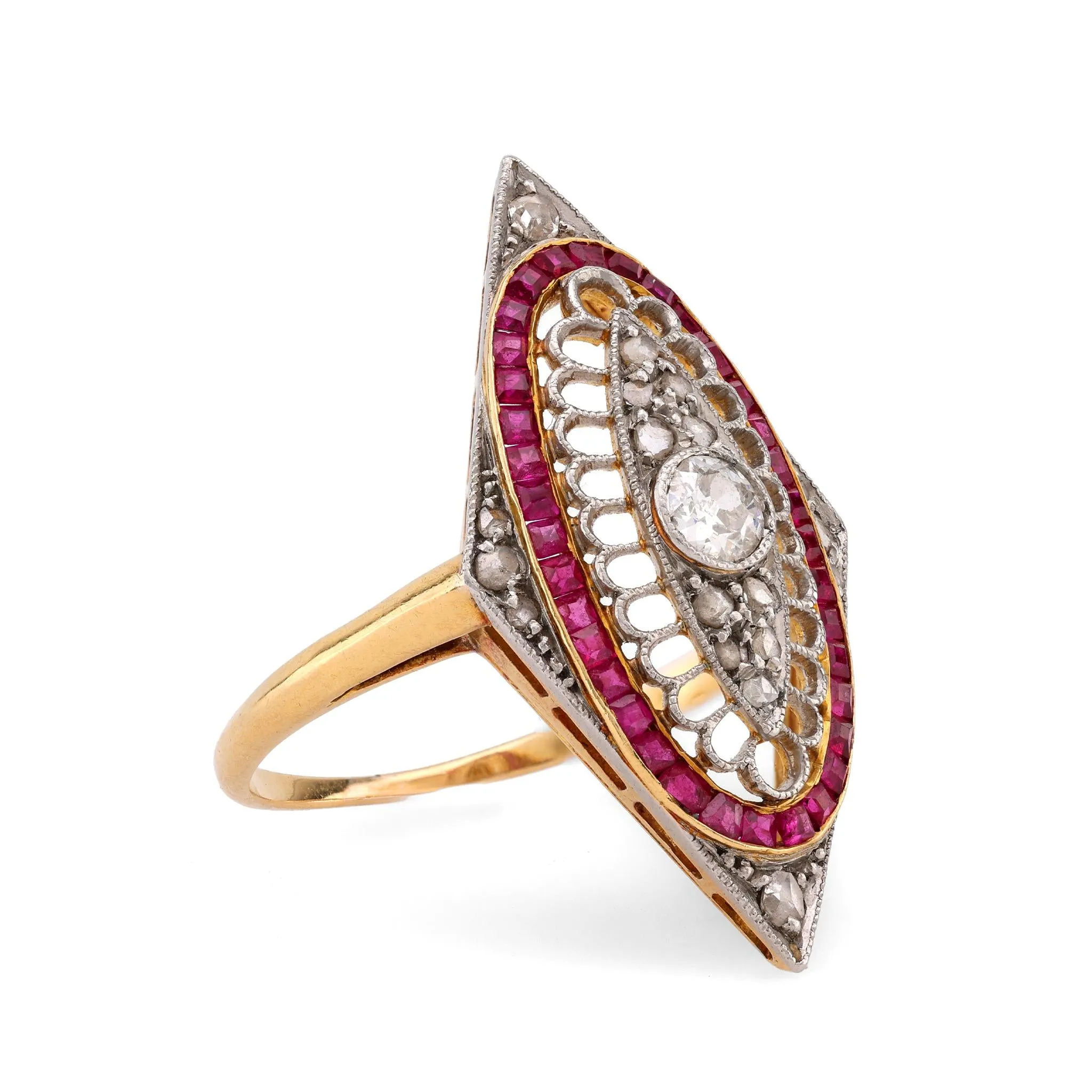 Edwardian Diamond Ruby 18K Yellow and White Gold Navette Ring