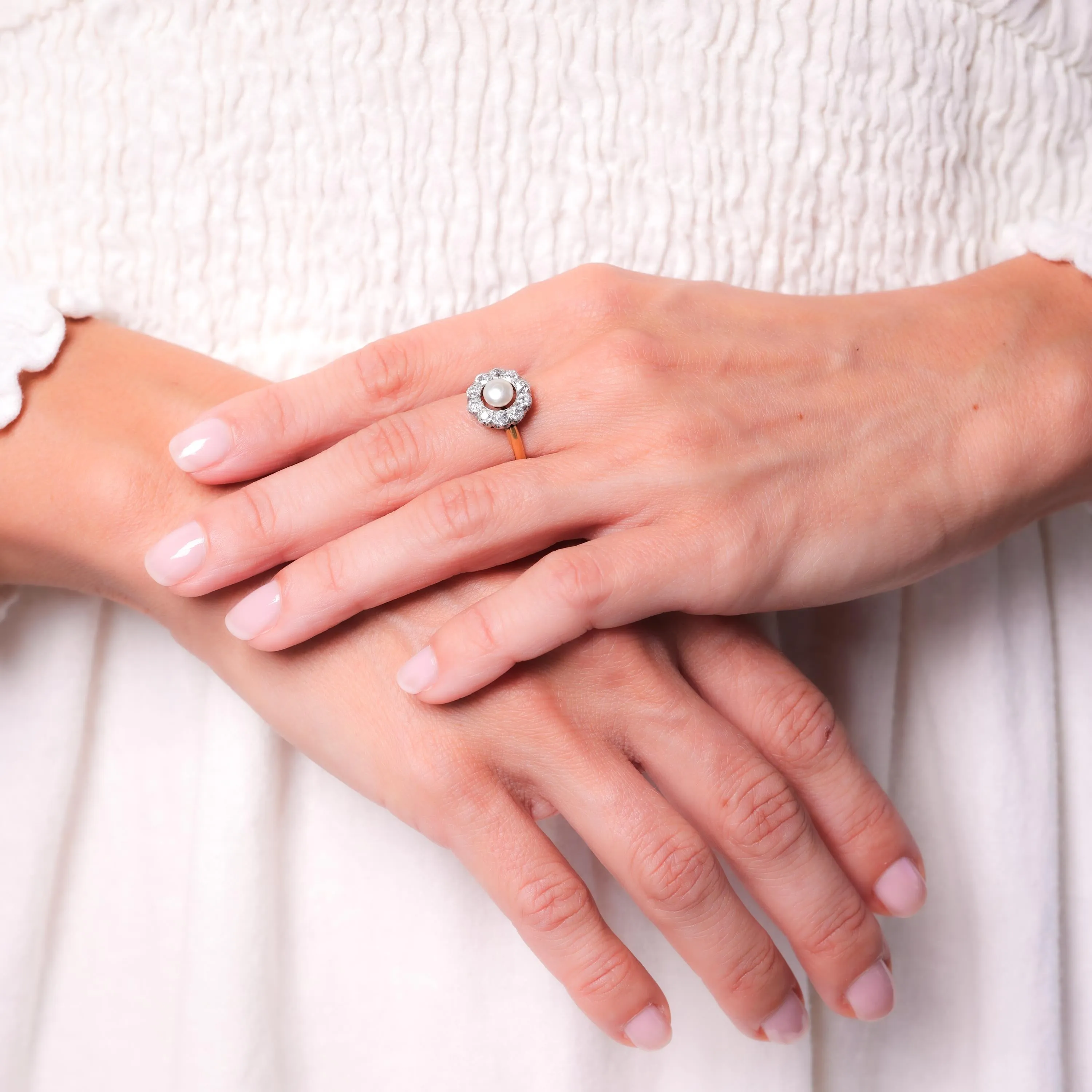 Edwardian Pearl Diamond 18K Yellow Gold Cluster Ring