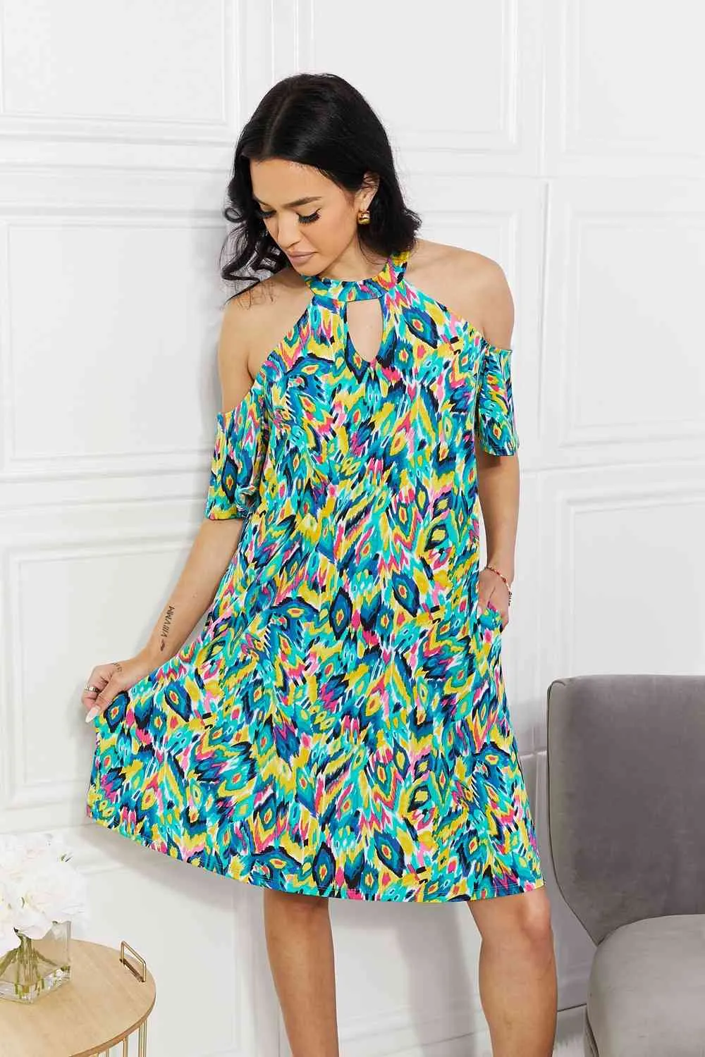 Full Size Perfect Paradise Printed Cold-Shoulder Dress