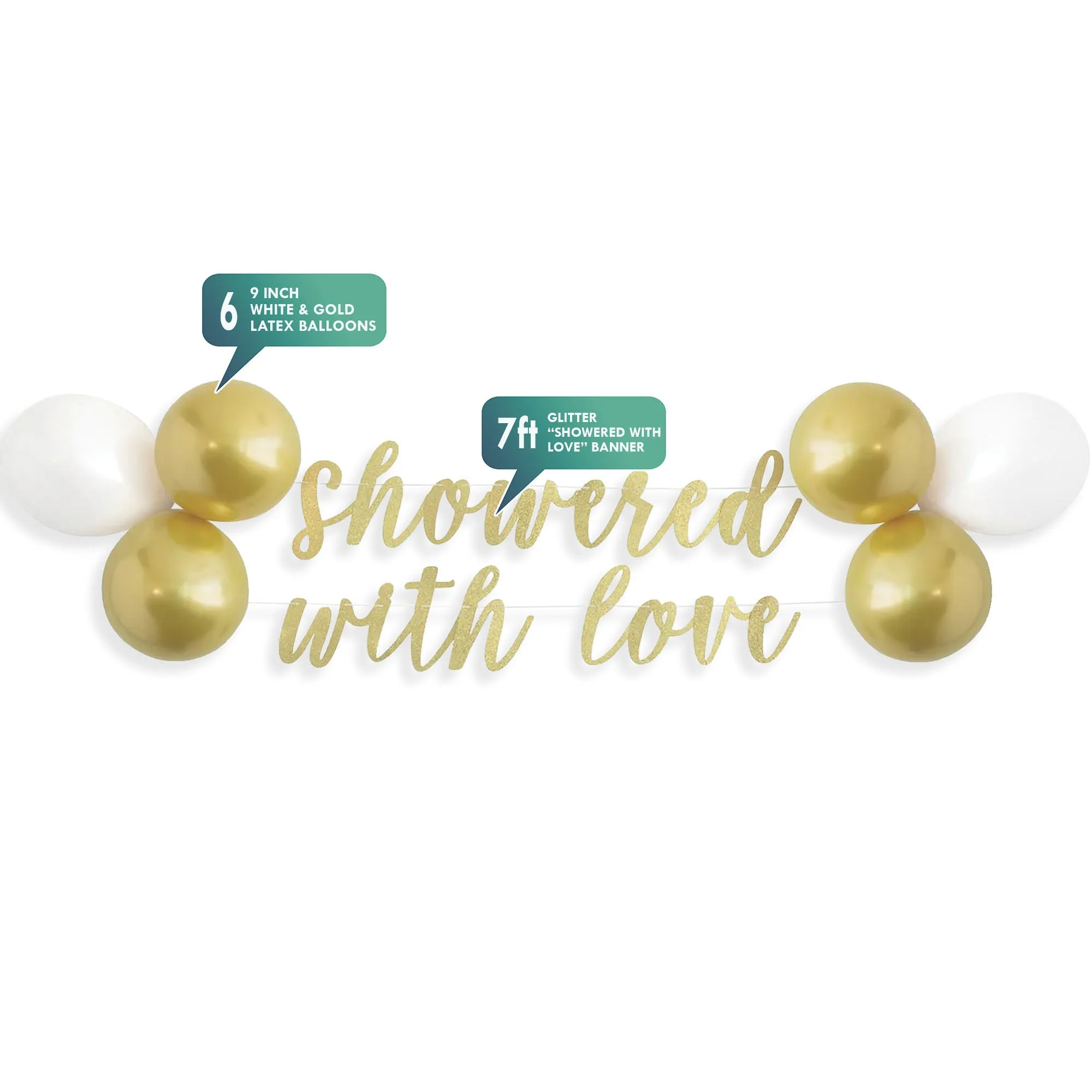 Gold Glitter "Showered with Love" Script Banner Latex Balloon Kit in White & Gold, 7ft