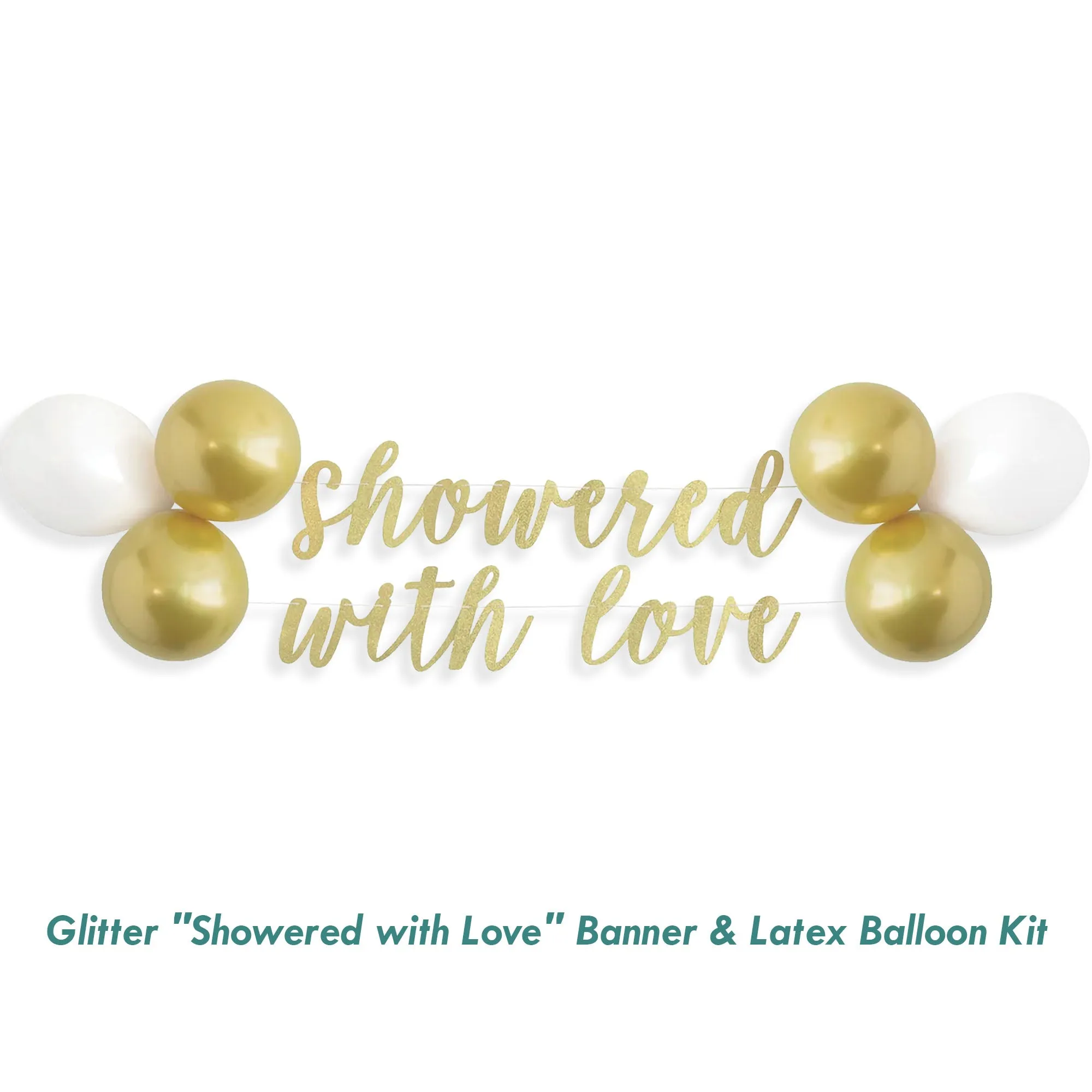 Gold Glitter "Showered with Love" Script Banner Latex Balloon Kit in White & Gold, 7ft