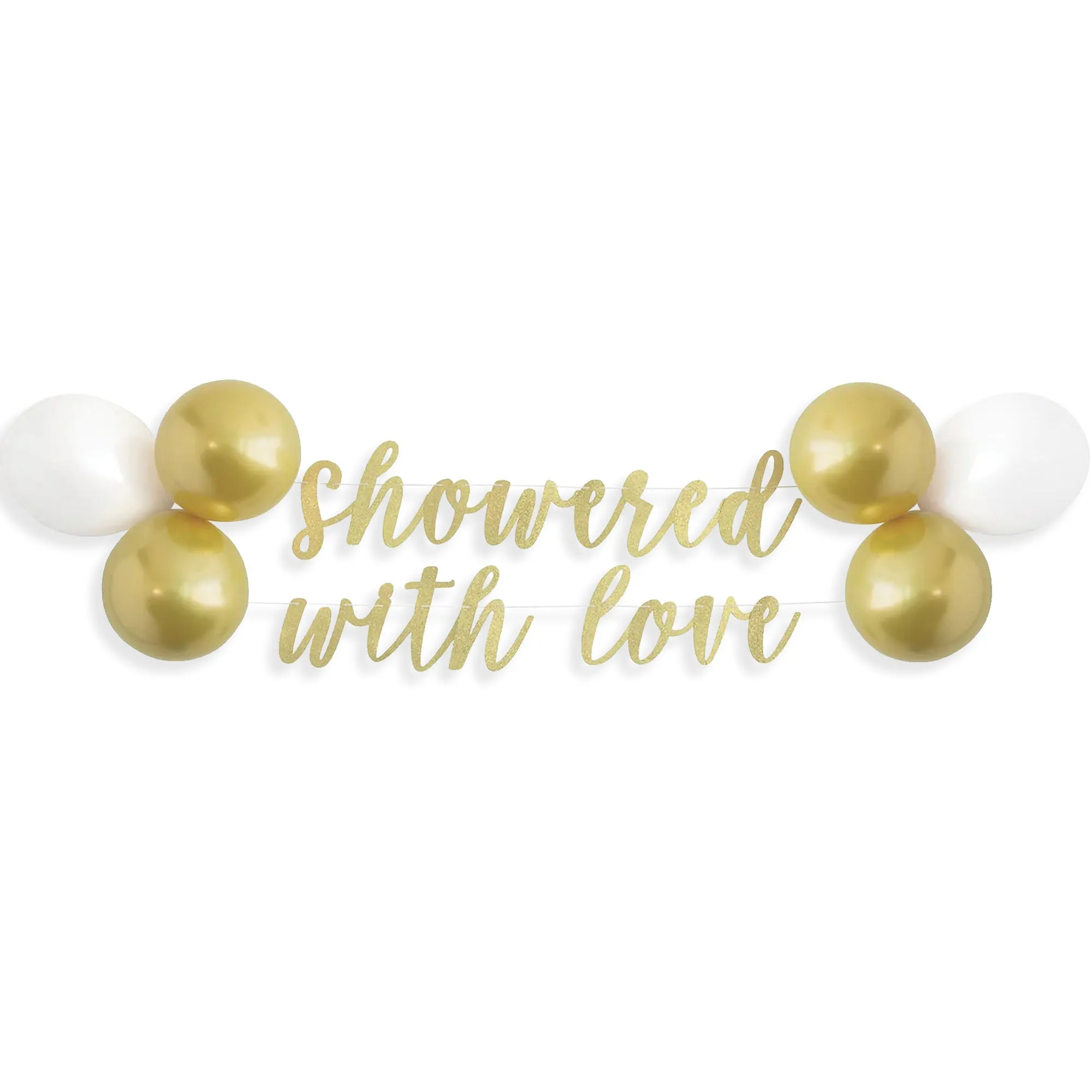 Gold Glitter "Showered with Love" Script Banner Latex Balloon Kit in White & Gold, 7ft