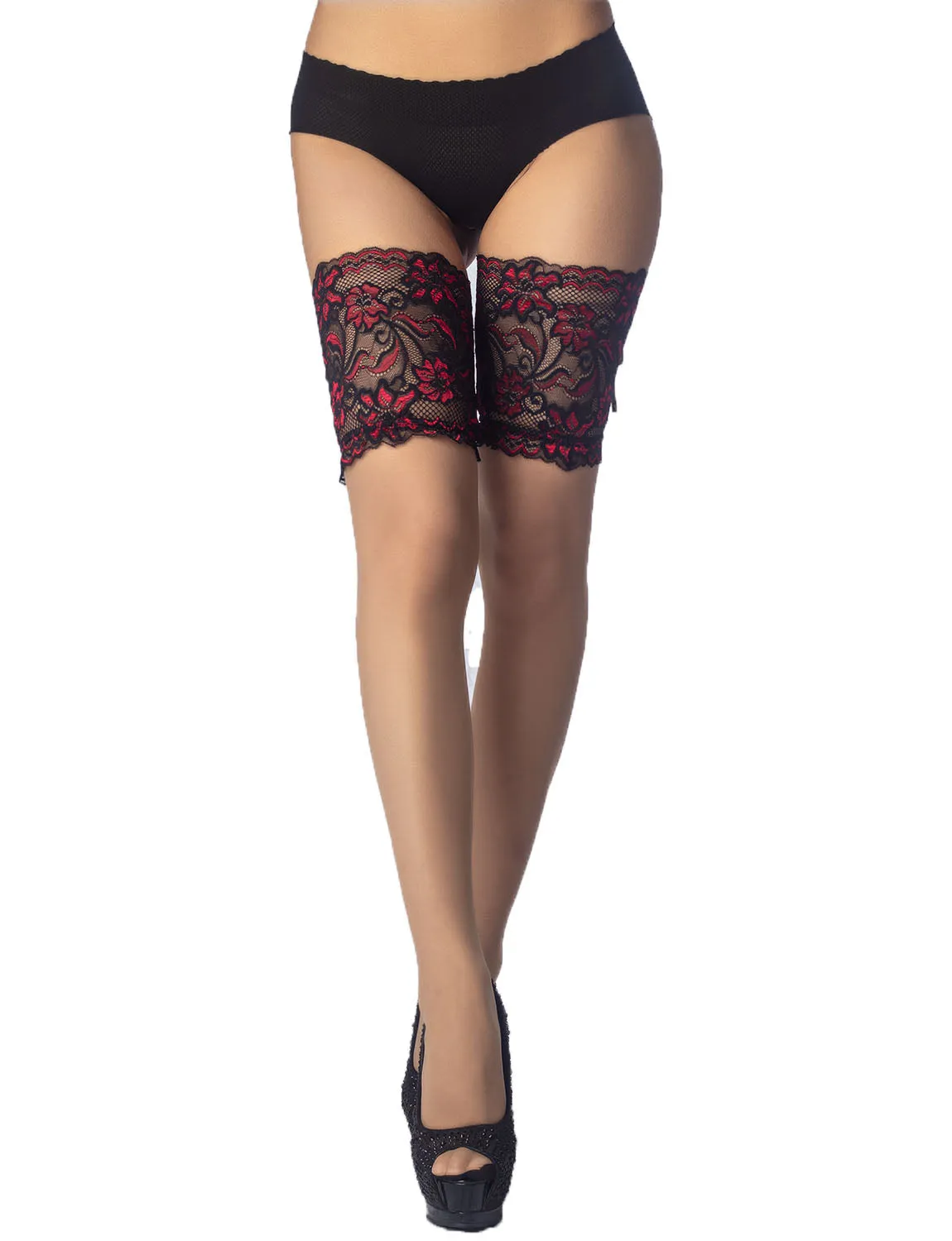 iB-iP Women's Lace Mesh Stylish Sheer Seam Back Thigh High Hold-up Stockings