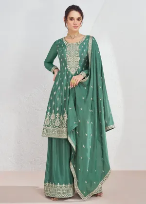 Incredible Green Embroidered Chinnon Festive Palazzo Suit