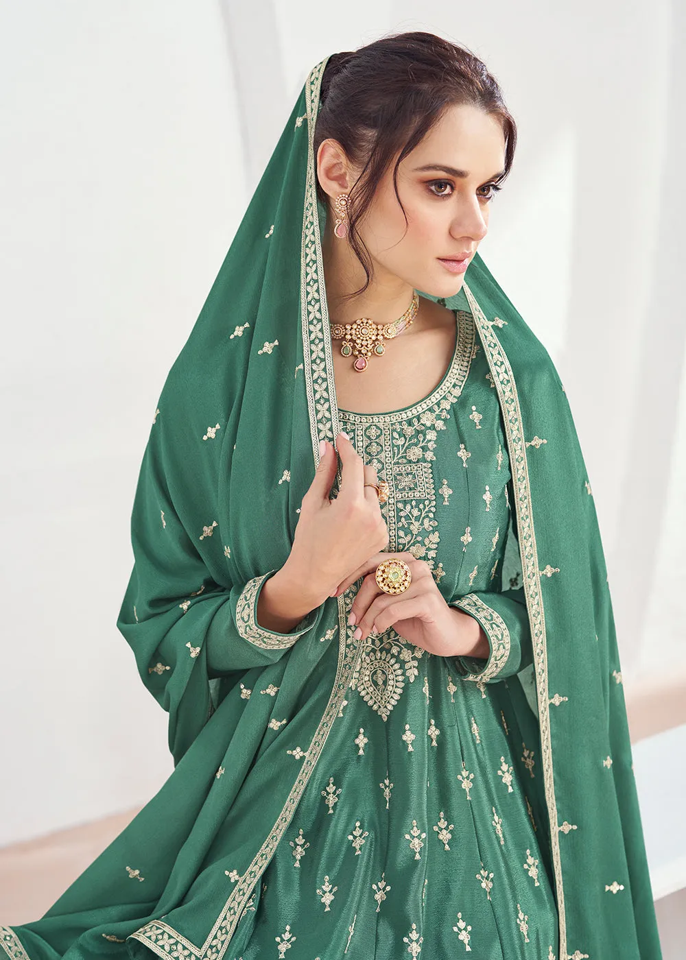 Incredible Green Embroidered Chinnon Festive Palazzo Suit