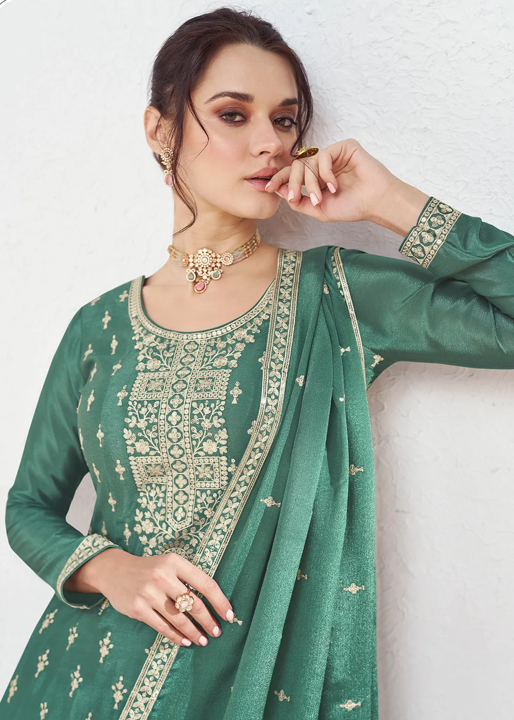 Incredible Green Embroidered Chinnon Festive Palazzo Suit