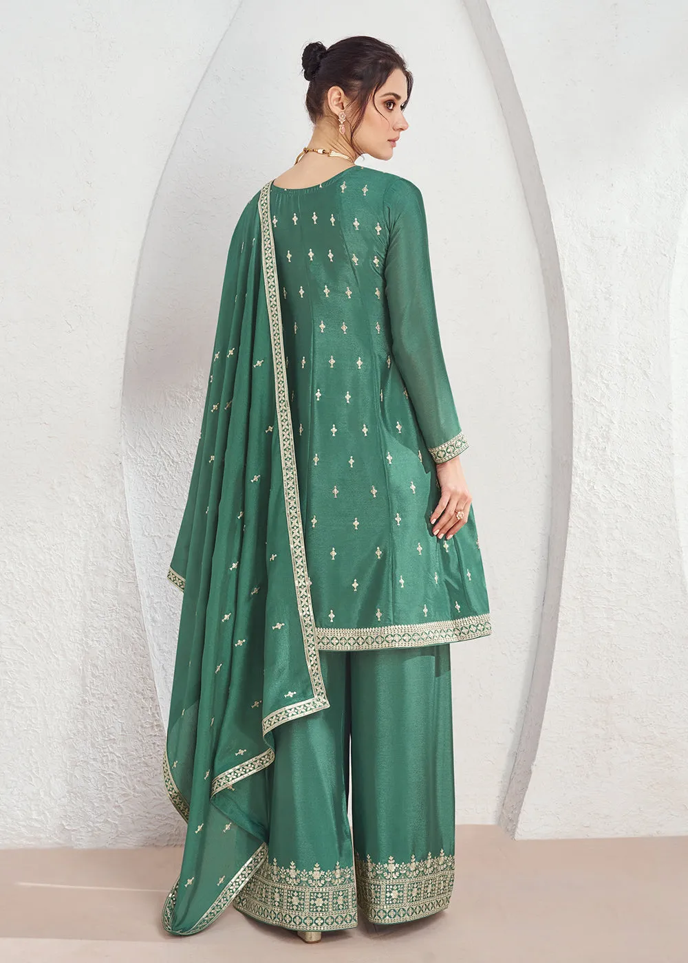 Incredible Green Embroidered Chinnon Festive Palazzo Suit