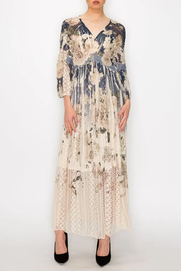 IVORY FLORAL LACE LINED LONG DRESS