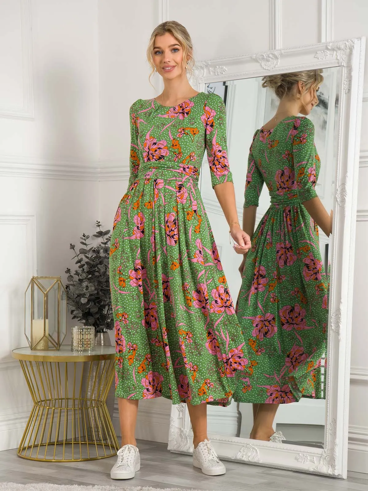 Kimberly Jersey 3/4 Sleeve Maxi Dress, Green Floral