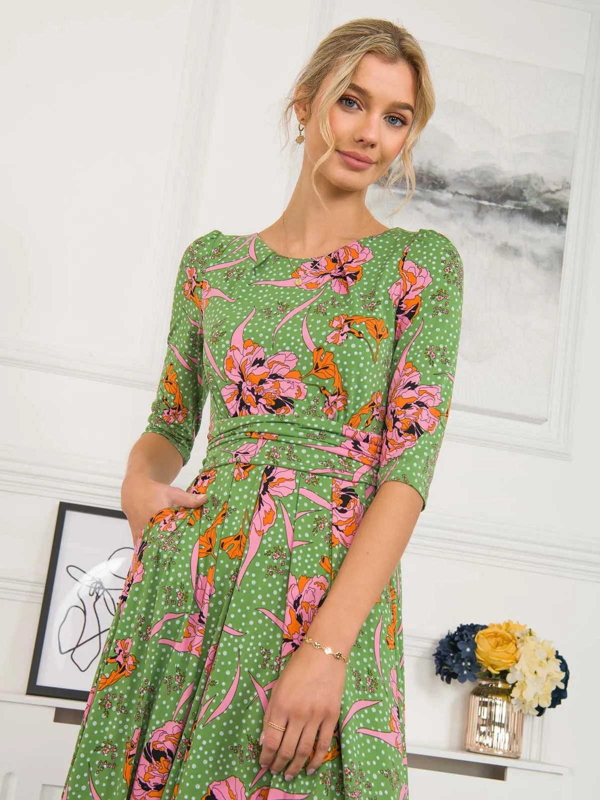 Kimberly Jersey 3/4 Sleeve Maxi Dress, Green Floral